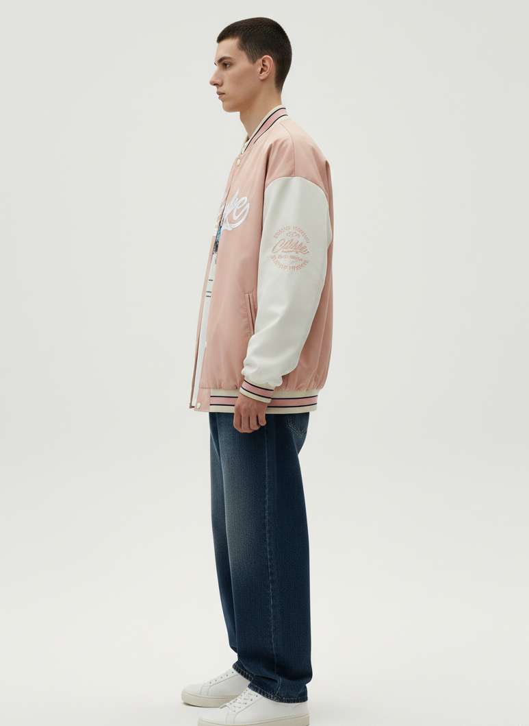 Pink Stand Collar Long Sleeves Printed Polyester Open Front Jacket