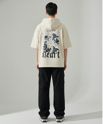 Cream Hood Short Sleeves Typography Polyester Sweatshirt