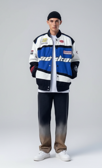 Blue Stand Collar Long Sleeves Printed Open Front Jacket