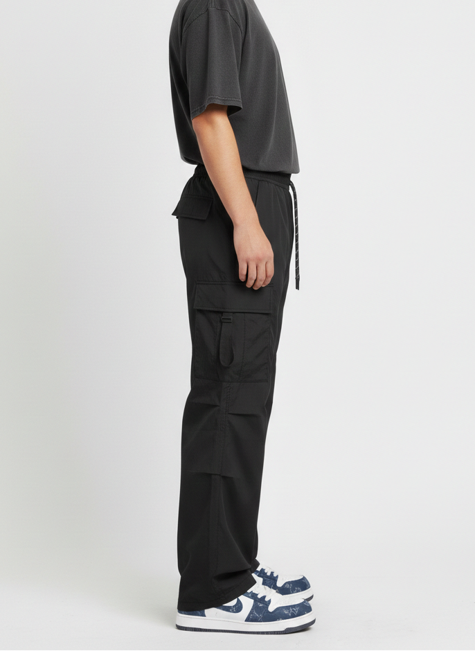Black Regular Fit Solid Polyester cargo Trouser